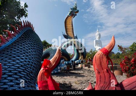 Grande Naka bleu et statue de bouddha blanc à Wat Roi Phra Phutthabat Phu Manorom pour les thaïlandais et les voyageurs étrangers Voyage visite et respect prier Banque D'Images