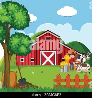 Scène de ferme avec fermier et vaches par l'illustration de la grange Illustration de Vecteur