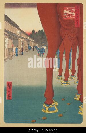 [ 1850 Japon - chevaux à Shinjuku ] — chevaux à chaussures de paille à Naito Shinjuku, la première gare du Koshu Kaido, à Edo (Tokyo actuel), 1857 (Ansei 4). Le Koshu Kaido a relié Edo à la province de Kai (Yamanashi actuel). Cette impression en bois est l'image 86 dans une centaine de vues célèbres d'Edo (名所江戸百景, Meisho Edo Hyakkei), une série créée par l'artiste ukiyoe Utagawa Hiroshige (歌川広重, 1797–1858). C'est l'une des 26 scènes d'automne de la série. Titre: Naito Shinjuku in Yotsuya (四ッ谷内藤新宿, Yotsuya Naito Shinjuku) 19ième siècle vintage Ukiyoe gravure de blocs de bois. Banque D'Images