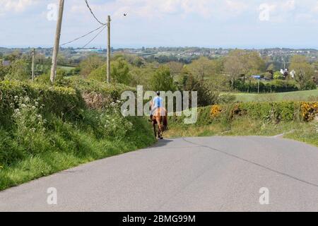 Magheralin, comté d'Armagh, Irlande du Nord. 09 mai 2020. Météo au Royaume-Uni - le beau temps se poursuit avec une autre journée chaude avec des périodes chaudes ensoleillées. L'air plus froid du nord-est fera chuter les températures au cours des prochains jours. Femme à cheval brun sur une route de campagne par un beau jour de printemps. Crédit : CAZIMB/Alamy Live News. Banque D'Images