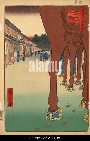 [ 1850 Japon - chevaux à Shinjuku ] — chevaux à chaussures de paille à Naito Shinjuku, la première gare du Koshu Kaido, à Edo (Tokyo actuel), 1857 (Ansei 4). Le Koshu Kaido a relié Edo à la province de Kai (Yamanashi actuel). Cette impression en bois est l'image 86 dans une centaine de vues célèbres d'Edo (名所江戸百景, Meisho Edo Hyakkei), une série créée par l'artiste ukiyoe Utagawa Hiroshige (歌川広重, 1797–1858). C'est l'une des 26 scènes d'automne de la série. Titre: Naito Shinjuku in Yotsuya (四ッ谷内藤新宿, Yotsuya Naito Shinjuku) 19ième siècle vintage Ukiyoe gravure de blocs de bois. Banque D'Images