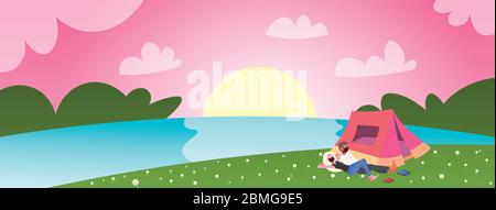 jeune couple dans des masques médicaux appréciant le camping coronavirus pandémie de quarantaine concept homme femme ayant le repos couché sur l'herbe coucher coucher de soleil paysage fond horizontal pleine longueur vecteur illustration Illustration de Vecteur