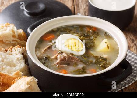 Borsch vert ukrainien avec du sorrel, des légumes, de la viande et des œufs dans une casserole sur la table. Horizontal Banque D'Images