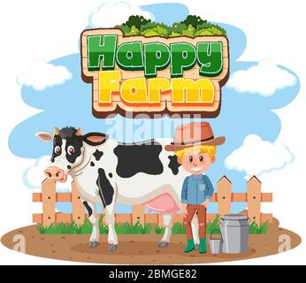 Police de caractères pour mot Happy Farm avec illustration agriculteur et vache Illustration de Vecteur