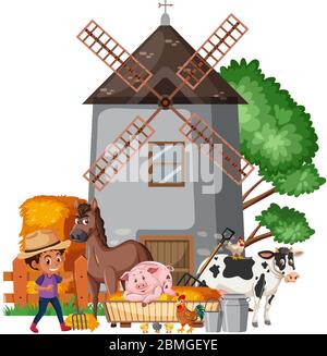 Scène avec l'illustration de ferme et de nombreux animaux Illustration de Vecteur