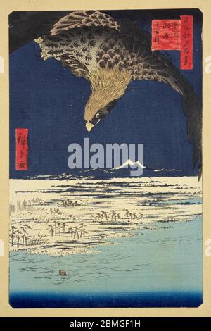 [ 1850 Japon - plongée sous-marine à l'aigle pour les proies ] — un aigle survole les marais enneigés de Jumantsupo, également connu sous le nom de Susaki, à Edo (Tokyo actuel), 1857. En 1888, les maisons closes de Nezu ont été déplacées ici et l'endroit est finalement devenu connu sous le nom de Susaki Paradise, l'un des quartiers les plus connus de Tokyo. Cette impression en bois est l'image 107 dans une centaine de vues célèbres de Edo (名所江戸百景, Meisho Edo Hyakkei), une série créée par l'artiste ukiyoe Utagawa Hiroshige. Titre: Fukagawa Susaki et Jumantsuo (深川州崎十万坪, Fukagawa Susaki Jumantsuo) 19ième siècle vintage Ukiyoe imprimé bois. Banque D'Images