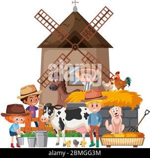 Scène avec des agriculteurs et de nombreux animaux illustration Illustration de Vecteur