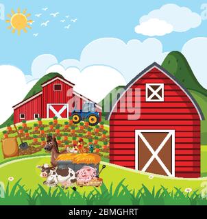 Scène de ferme avec de nombreux animaux sur l'illustration de la ferme Illustration de Vecteur