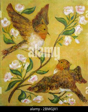 Deux oiseaux volants sur fond jaune, peinture à l'huile Banque D'Images