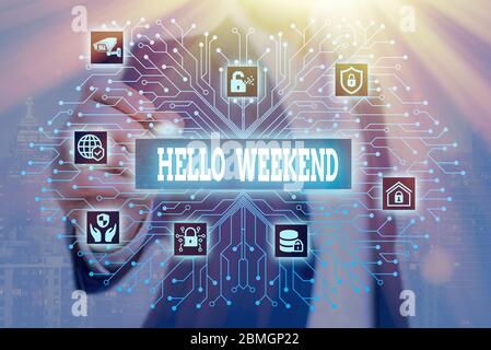 Texte d'écriture Bonjour week-end. Photo conceptuelle escapade aventure vendredi invitation à la détente positivité Banque D'Images
