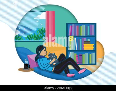 Femme se posant sur le canapé et jouant avec son chat. Pratiquez la distance sociale et restez à la maison pendant la période d'éclosion du coronavirus. Illustration de Vecteur