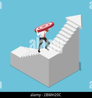 Homme d'affaires 3D isométrique plat transportant la cible tout en montant sur les escaliers. Objectif d'entreprise et concept de défi. Illustration de Vecteur