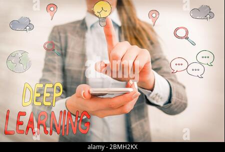 Note de rédaction montrant l'apprentissage en profondeur. Concept métier pour les abstractions hiérarchiques Artificial Intelligence Algorithm Banque D'Images