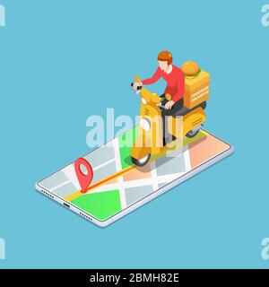 Plat 3d isométrique livraison homme moto sur le smartphone avec navigation gps. Concept de service de livraison de nourriture. Illustration de Vecteur