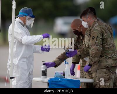 SPC. Nicholas Cisneros passe un écouvillon nasal prélevé sur un patient pendant que l'équipe mobile de test de la Garde nationale du Texas (MTT) teste le coronavirus dans une clinique de conduite gratuite dans la petite ville de Taylor, au centre du Texas. Banque D'Images