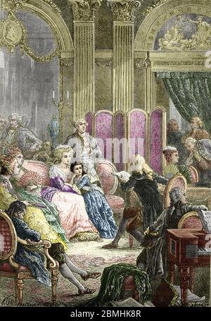 'Le salon de Suzanne Curchod, Madame Necker (1737-1794) femmes de lettres suisse' Madame Necker est assise avec sa fille Germaine, qui déviendra par l Banque D'Images