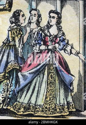 Barbe Bleue (Barbe-Bleue), conte populaire : la femme de Barbe Bleue profite de l'absence de son mari pour faire visiter sa demeure a ses amies curieu Banque D'Images