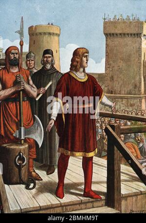 'L'exécution de Conradin (ou Conrad de Hohenstaufen) roi de Sicile et duc de Souabe (1252-1268) sur ordre de Charles d'Anjou apres la bataille de Tagl Banque D'Images