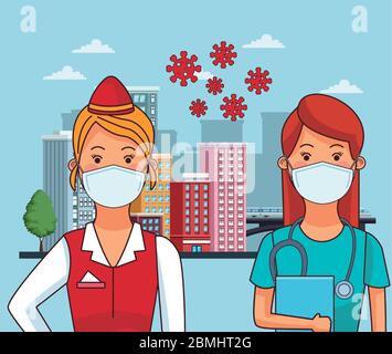 femme médecin et réceptionniste utilisant des masques Illustration de Vecteur