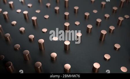 rendu 3d des cylindres en cuivre sur surface noire. Arrière-plan abstrait minimaliste parfait ou toile de fond dans des couleurs dorées et noires. Banque D'Images