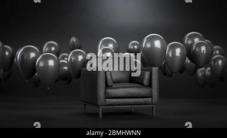 rendu 3d d'un fauteuil en cuir ou d'un canapé dans une pièce noire avec ballons noirs. Intérieur sombre avec meubles et ballons d'air Banque D'Images