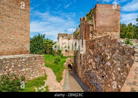 Malaga, Espagne - 11 mars 2017 : chemin à l'intérieur des murs de la fortification palatiale de l'Alcazaba de Malaga. Banque D'Images