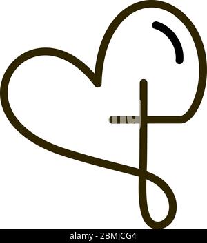 Croix religieuse abstraite et icône de coeur. Logo de l'amour chrétien. Illustration du vecteur monoline Illustration de Vecteur