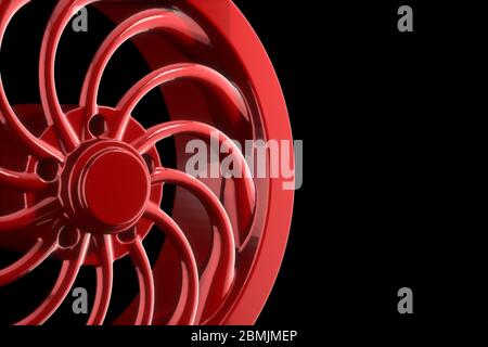 Roue de voiture sport rouge abstraite isolée sur fond noir Illustration 3d avec CopySpace pour votre texte Banque D'Images