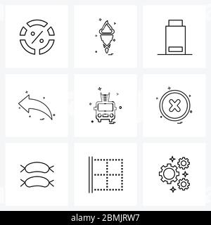 Jeu de 9 icônes et symboles de l'interface utilisateur pour la gauche, la flèche, la batterie, l'alimentation, l'illustration du vecteur d'énergie Illustration de Vecteur