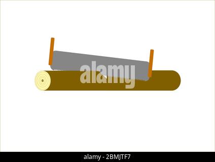 Une scie coupe un tronc d'arbre sur un arbre. Illustration de Vecteur