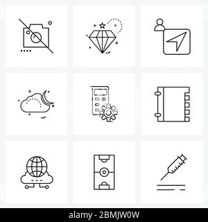 9 icônes de ligne universelle pour les paramètres Web et mobile, les paramètres mobiles, le curseur, la météo, le vecteur de lune Illustration Illustration de Vecteur