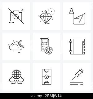 9 icônes de ligne universelle pour les paramètres Web et mobile, les paramètres mobiles, le curseur, la météo, le vecteur de lune Illustration Illustration de Vecteur