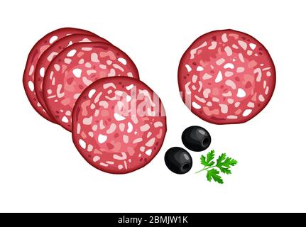 Tranche ronde de salami à saucisse, olives et persil. Savoureux produit de viande isolé sur fond blanc. Illustration vectorielle plate de pizza ou sandwich ingr Illustration de Vecteur