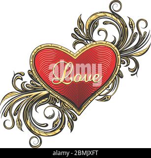 Coeur avec fleurs spirales et main fait l'intitulé Love dessiné dans le style tatouage. Illustration vectorielle. Illustration de Vecteur