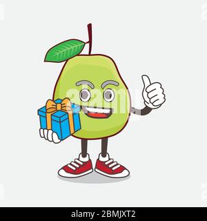 Illustration du personnage de la mascotte de la bande dessinée des fruits de Guava avec cadeau Illustration de Vecteur