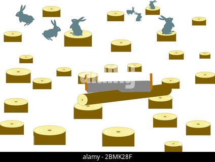Lièvre sur une souche d'arbre après la déforestation. Illustration de Vecteur