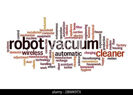 Concept de nuage de mots pour aspirateur de robot sur fond blanc Banque D'Images