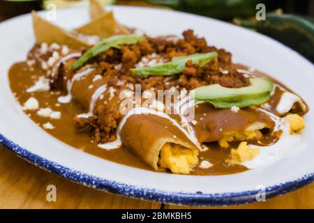 Enfrijoladas enchiladas mexicaines aux haricots, cuisine traditionnelle de la gastronomie mexicaine Banque D'Images