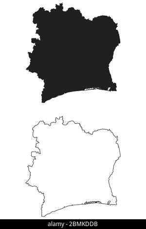 Carte de la Côte d'Ivoire. Silhouette et contour noirs isolés sur fond blanc. Vecteur EPS Illustration de Vecteur