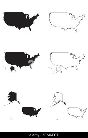 Etats-Unis d'Amérique carte des pays des Etats-Unis. Silhouette et contour noirs isolés sur fond blanc. Vecteur EPS Illustration de Vecteur