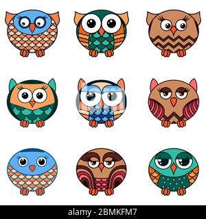 Ensemble de neuf cartoon mignon et drôle divers hiboux ovale isolé sur le fond blanc, le scénario décrit comme des icônes Illustration de Vecteur