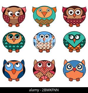 Ensemble de neuf cute cartoon motif ovale hiboux dans divers isolé sur le fond blanc, cartoon vector décrit comme des icônes Illustration de Vecteur