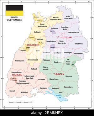 Baden Wuerttemberg état plan administratif et politique carte avec drapeau Illustration de Vecteur