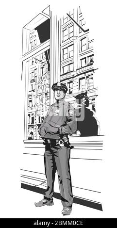 Policier en service dans une rue de Manhattan. New York City - illustration vectorielle (idéale pour l'impression sur tissu ou papier, poster ou papier peint, tous Illustration de Vecteur