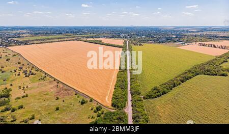 Vue aérienne d'une route de campagne étroite, asphaltée et grise, qui traverse un paysage de champs et de prairies. Banque D'Images