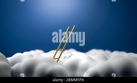 Échelle dorée rompant à travers des nuages moelleux dans le ciel. Concept d'escabeau menant à l'inspiration, au leadership et à la réussite commerciale. 3D Banque D'Images