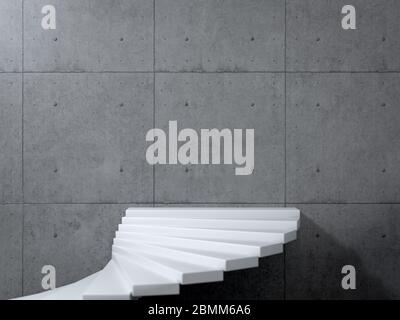 Escalier en colimaçon blanc menant à un mur en béton vierge dans un intérieur gringeux. Illustration 3D parfaite pour placer votre texte ou votre publicité. Concept de Banque D'Images