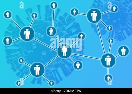 Concept de coronavirus ou de covid-19 contrat de traçage montrant avec réseau d'humains illustratifs connectés avec le virus rendu 3d comme arrière-plan. Banque D'Images