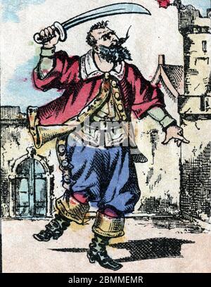 Barbe Bleue (Barbe-Bleue), conte populaire : Barbe Bleue Furieux hurle une paire de fard les murs, son épée à la main, s'apprant un égorger sa femme t Banque D'Images