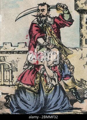 Barbe Bleue (Barbe-Bleue), conte populaire : Barbe Bleue Furieux hurle une paire de fard les murs, son épée à la main, s'apprant un égorger sa femme t Banque D'Images